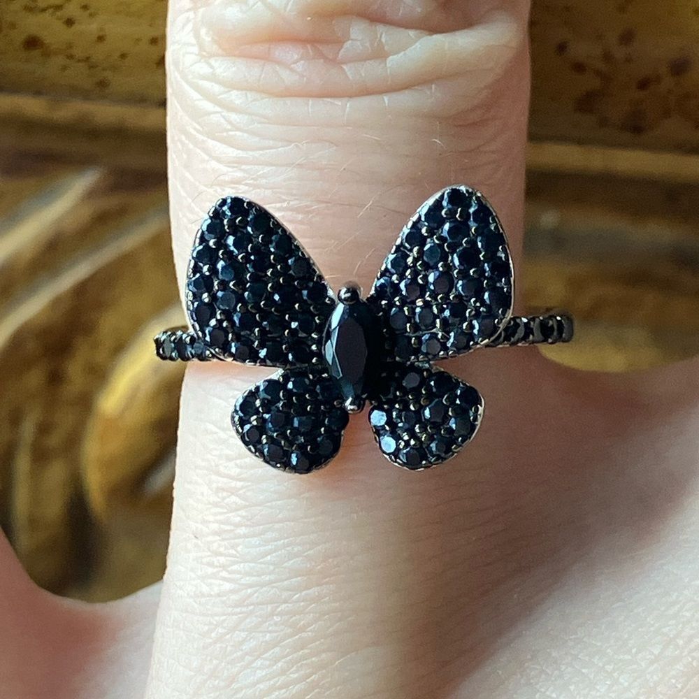 Natural Black Spinel Sterling Silver Butterfly Ring Size 7